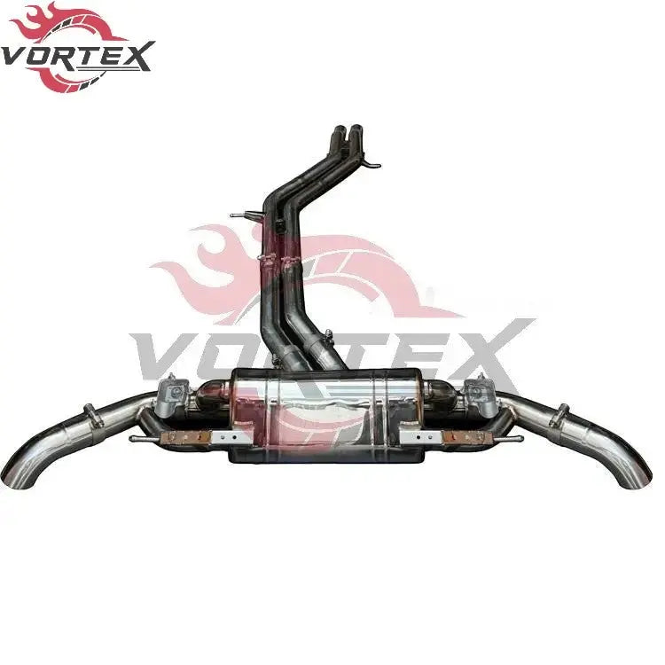 Vortex Performance Valvetronic exhaust system for Audi Q8 3.0T V6, made of polished stainless steel with dual exhaust tips.